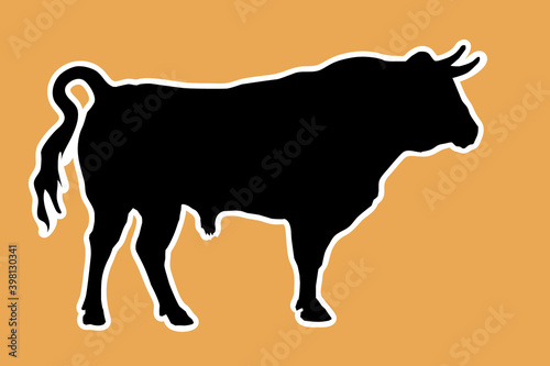 black silhouette of a running bull on an orange background for stickers and decoration