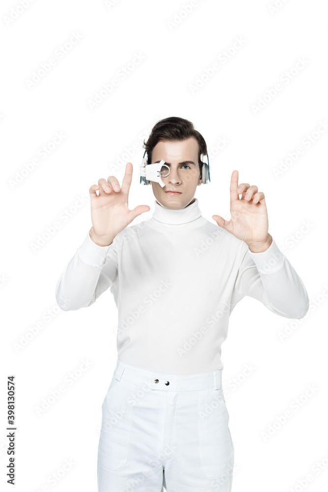 Brunette cyborg in digital eye lens and headphones using something isolated on white Brunette cyborg in digital eye lens and headphones using something isolated on white