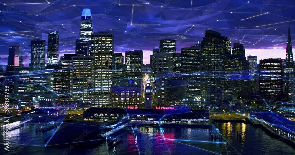 Futuristic aerial view of San Francisco Financial District and the