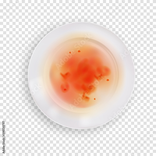 Dirty realistic plate isolated on transparent background, dish with leftovers of food. Top view of unwashed utensil, bowl before wash. Vector illustration of plate after eating pasta and sauce