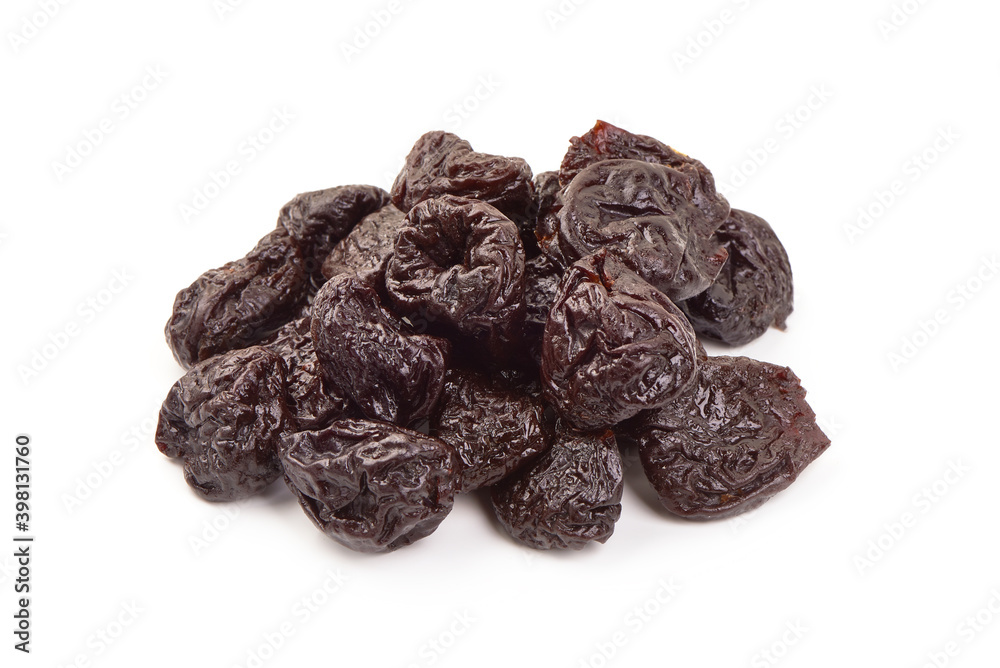 Prunes, close-up, isolated on white background Prunes, close-up, isolated on white background