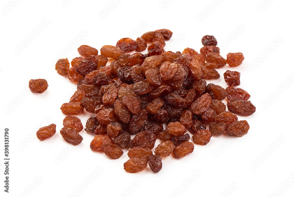 Sweet dried raisins, close-up, isolated on white background Sweet dried raisins, close-up, isolated on white background