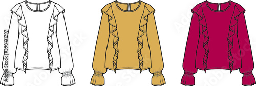 Frilly flat sketch vector blouse design.