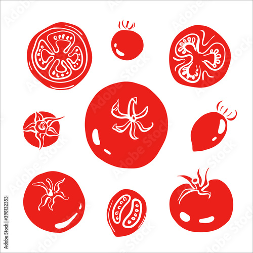 Tomato, cherry tomato, slices and halves. Colorful sketch of vegetables isolated on white background. Doodle hand drawn vegetables. Vector illustration