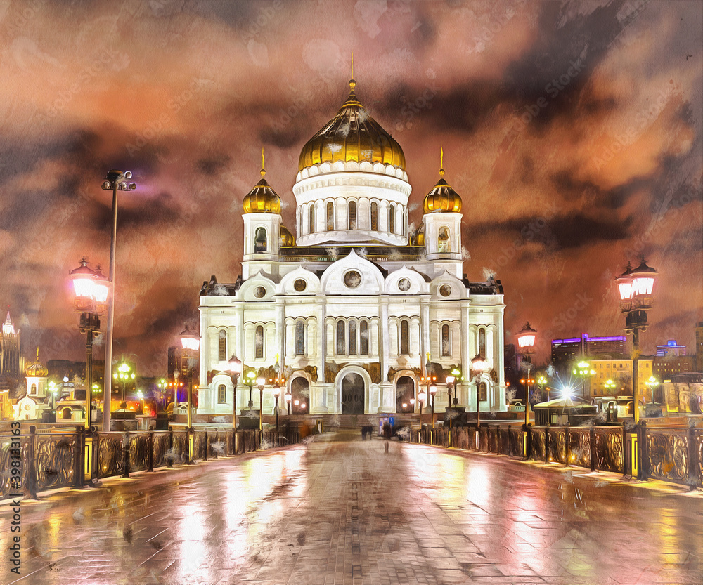 Beautiful night view on Cathedral of Christ the Savior colorful painting looks like picture, Moscow, Russia.