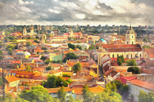 Aerial view on Vilnius colorful painting looks like picture, Lithuania.