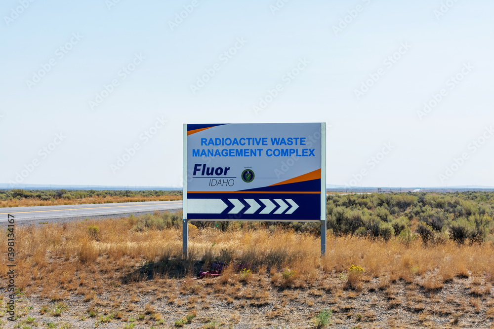 Radioactive Waste Management Complex Flour sign in desert landscape