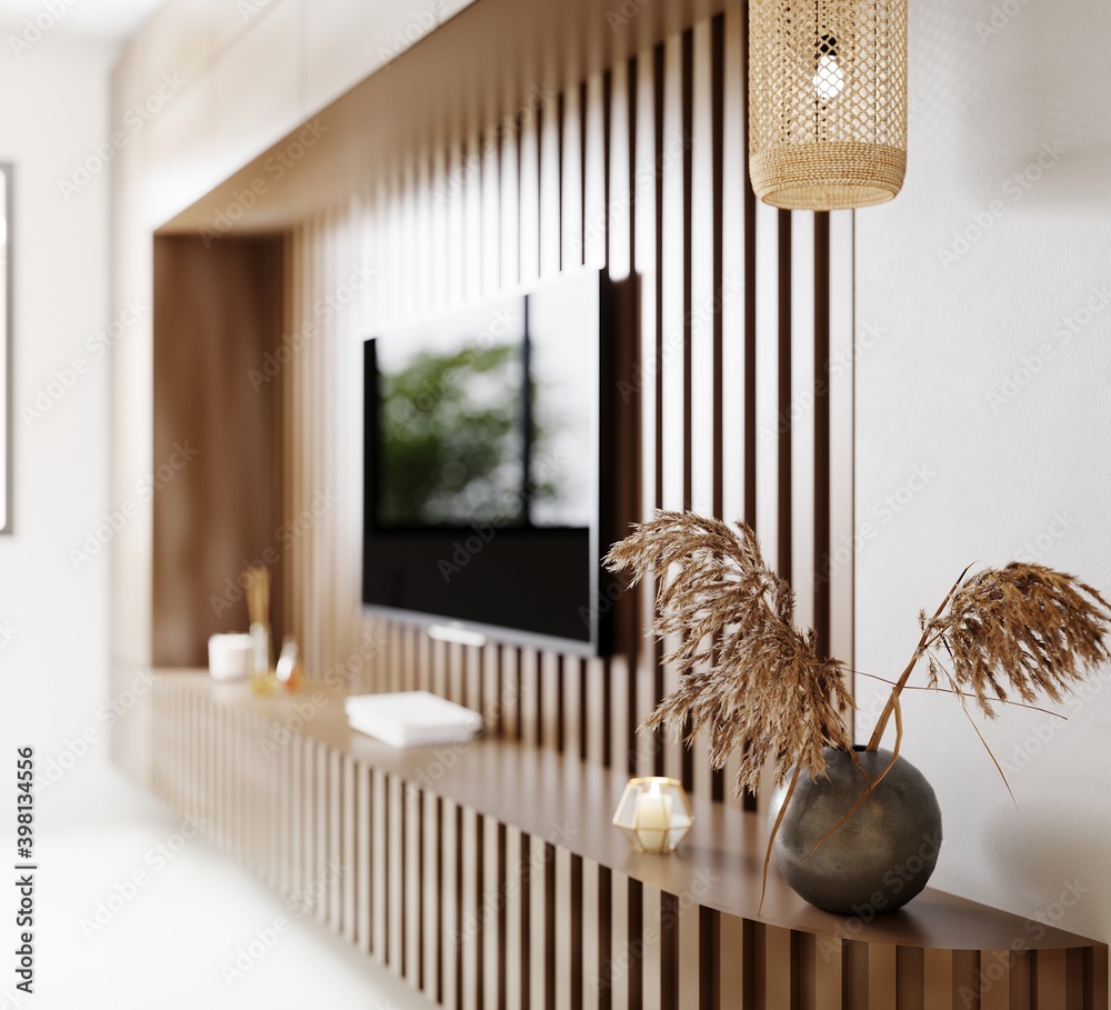 Illustrazione Stock TV area in living room close up, fluted wooden panel  with modern decoration, pendant light, living room interior background, tv  screen, 3d rendering | Adobe Stock