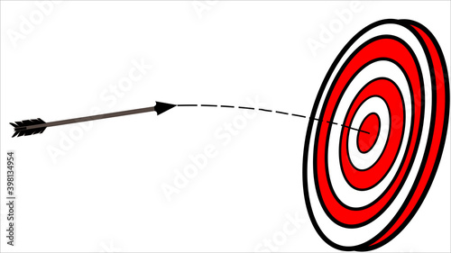 Successful hitting the target. Artwork depicts success, hat-trick, precision, on purpose, achievement, excellence and achievement. Target on a wooden tripod and arrow. Vector illustration