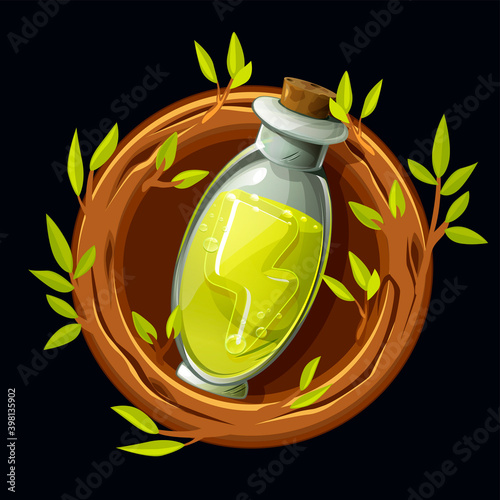 Magic potion with energy in a wreath of twigs.