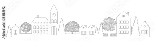 Small Town silhouette cutout skyline with chapel houses trees black contour isolated. Flat vector cartoon illustration of urban landscape office buildings and family houses in small town village. line