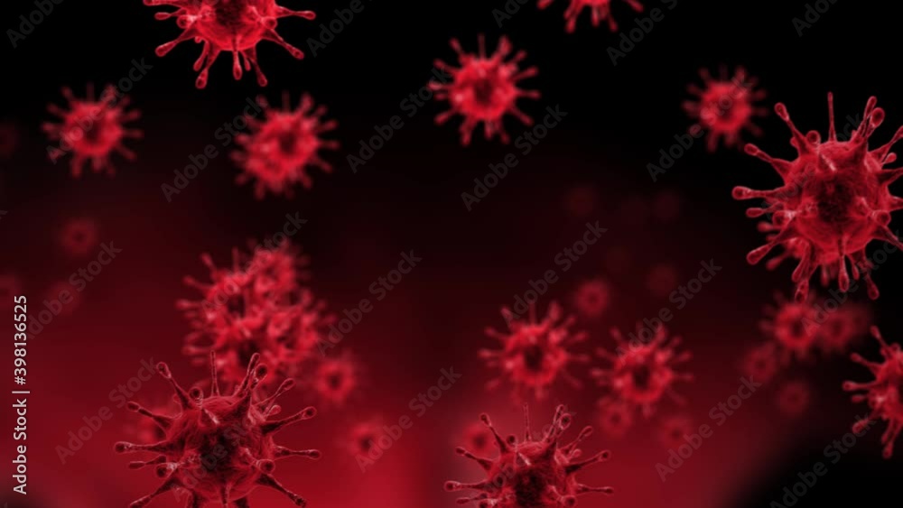 Coronavirus 2019-nCov with red blood on a dark background. 3D render of epidemic virus graphic for medical health vaccine research. Flu outbreak or coronaviruses influenza concept Coronavirus 2019-nCov with red blood on a dark background. 3D render of epidemic virus graphic for medical health vaccine research. Flu outbreak or coronaviruses influenza concept