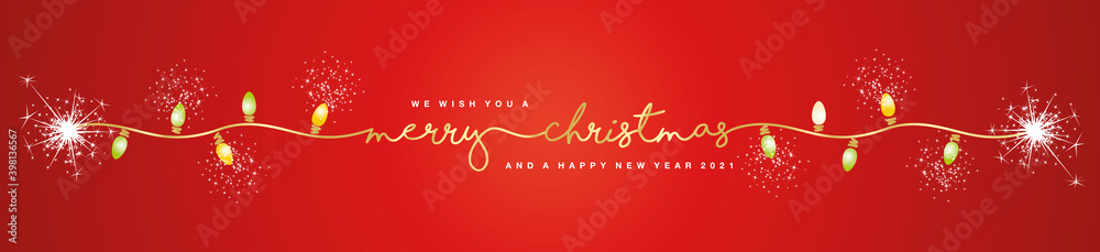 Merry Christmas and Happy New Year 2021 gold handwritten typography line design Christmas lights sparkle firework red background banner Merry Christmas and Happy New Year 2021 gold handwritten typography line design Christmas lights sparkle firework red background banner