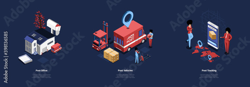 Three Post Related Compositions In Cartoon 3D Style On Dark Background. Isometric Vector Composition On Different Concepts Post Office Building, Vehicles Navigation, Mail And Delivery Online Tracking