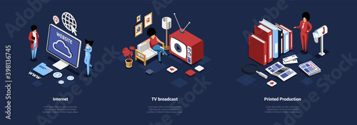 Mass Media Concept Illustration Of Three Different Compositions. Isometric Vector Art In Cartoon 3D Style. Ideas Of Internet Websites And Sources, TV Broadcast Shows And News And Printed Producrion