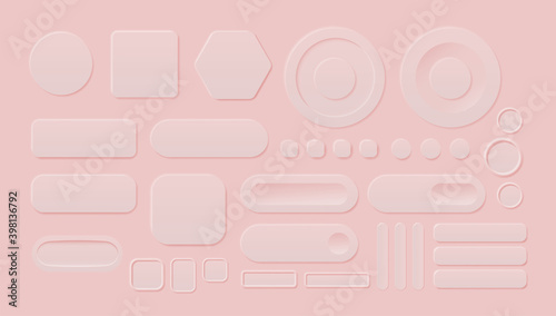 Set of neumorphic UI circle light color. Workflow graphic elements trend design. Circular neumorphism elements for smart technology and applications. Vector illustration isolated on pink background. photo