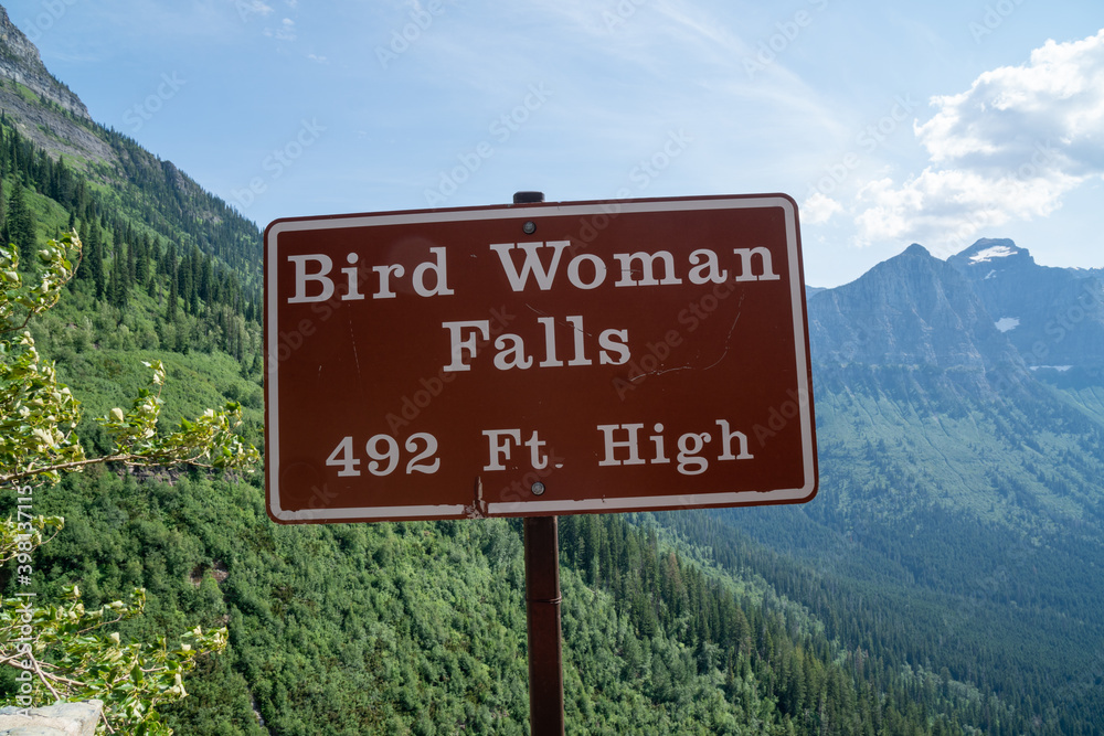 Bird Woman Falls waterfall sign in Glacier National Park