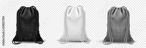 Drawstring bag, sport bags mockup. Set of blank drawstring bags for cloth or shoes. Pouch or textile set of bags vector mockup.