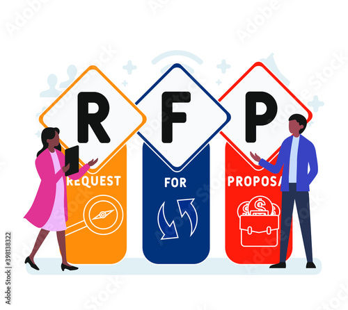 Flat design with people. RFP - Request For Proposal acronym, business concept background.   Vector illustration for website banner, marketing materials, business presentation, online advertising.