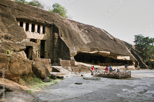 Mumbai, India - October 22, 2018: Exterior of Buddhist heritage cave temple Kanheri cave located in Borivali in Bombay during day time photo