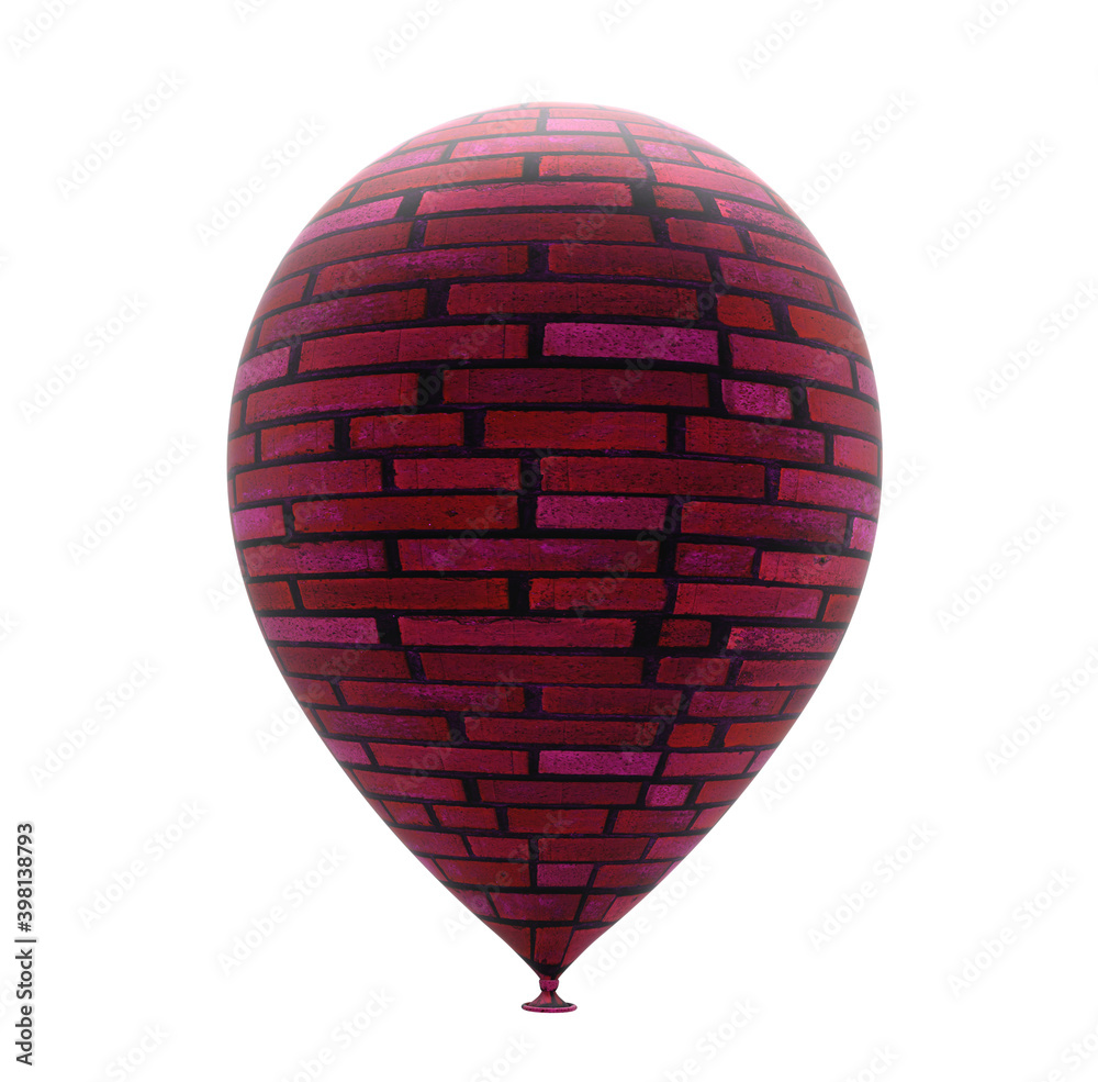 one balloon with brick texture, isolated on white, fragility concept, 3d render