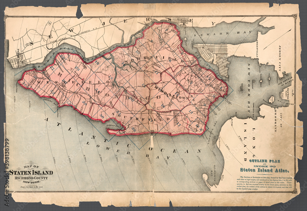 Obraz premium Staten Island map 1874. Reproduction of an old, worn map of Staten Island. This is an enhanced, restored reproduction of an old map. It features landmarks and is rich in historical information.