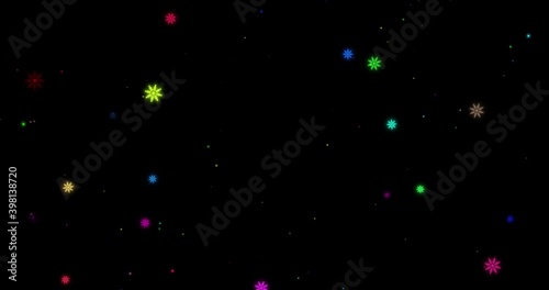 3D Illustration realistic winter snow fall with rainbow LGBT snowflake shape Christmas xmas overlay twinkling sparkling stars space in isolated black elegant luxury green night sky background