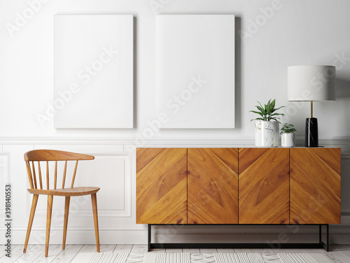 Mockup poster with wooden  commode, chairs, and home decoration, 3d render