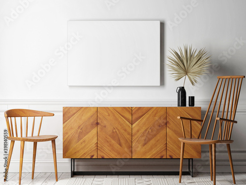 Mockup poster with wooden commode, chairs, and home decoration, 3d render