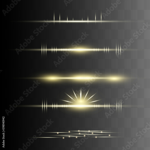 yellow horizontal lens flares pack. Laser beams  horizontal light rays.Beautiful light flares. Glowing streaks on dark background. Luminous abstract sparkling lined background.