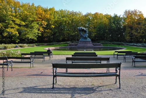 Warsaw, Poland. Frederic Chopin monument. Large, bronze statue of Frederic Chopin located in the upper part of Warsaw's Royal Baths. Autumn time