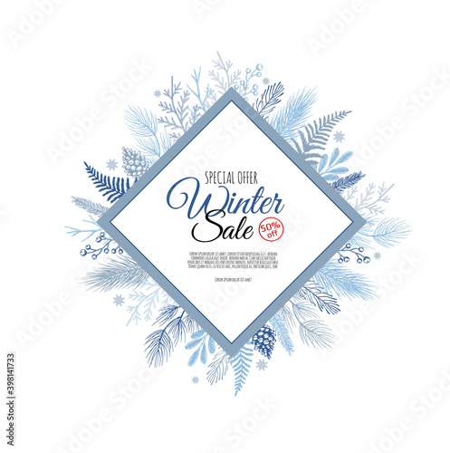 Christmas, new year, winter sale banner. Poster, background, flyer, invitation card, template design with snowflakes.
