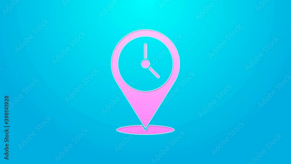 Pink line Location with clock icon isolated on blue background. 4K Video motion graphic animation Pink line Location with clock icon isolated on blue background. 4K Video motion graphic animation
