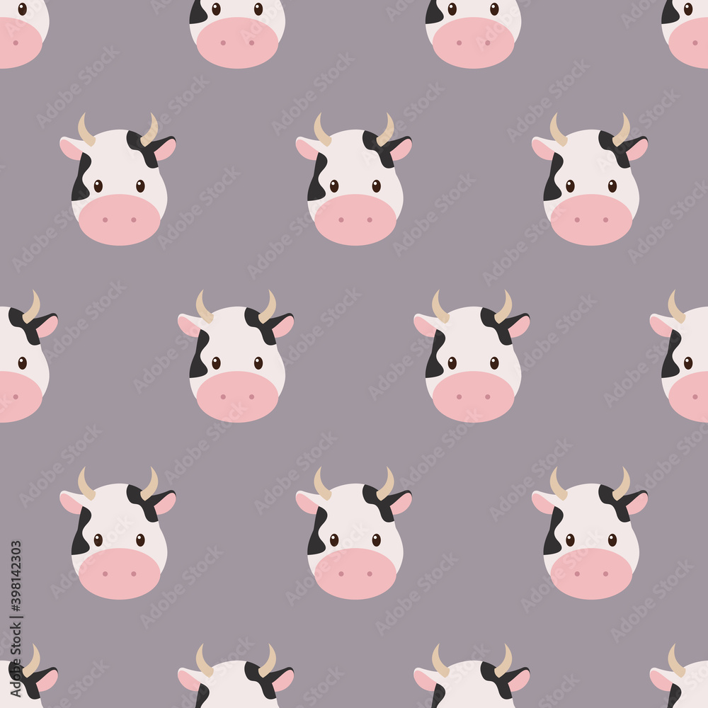 Animal seamless pattern and textile design with cow. Good for t-shirt design, fabric print, greeting card, wrapping, wallpapers. Childish vector illustration in flat style.