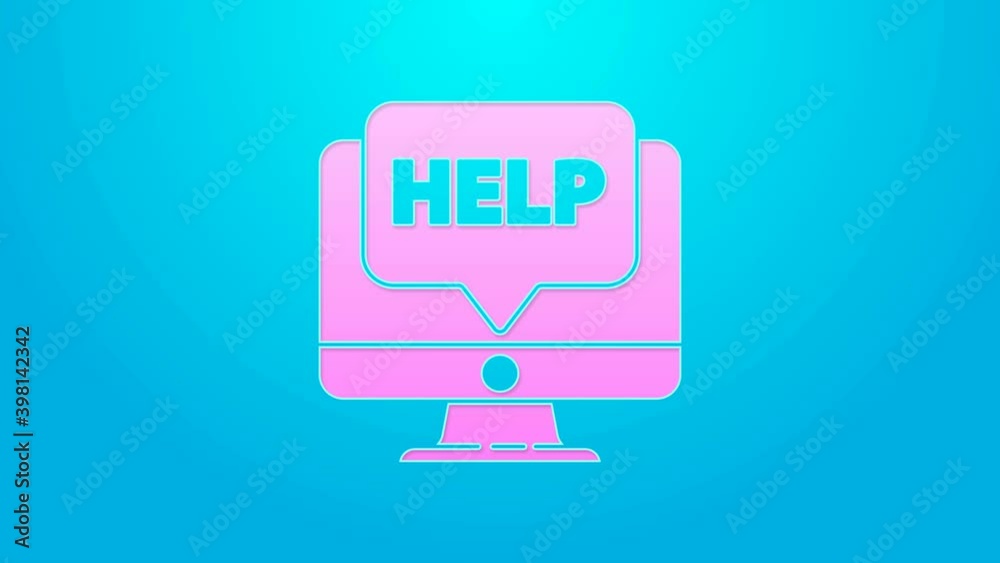 Pink line Computer monitor and help icon isolated on blue background. Adjusting, service, setting, maintenance, repair, fixing. 4K Video motion graphic animation Pink line Computer monitor and help icon isolated on blue background. Adjusting, service, setting, maintenance, repair, fixing. 4K Video motion graphic animation