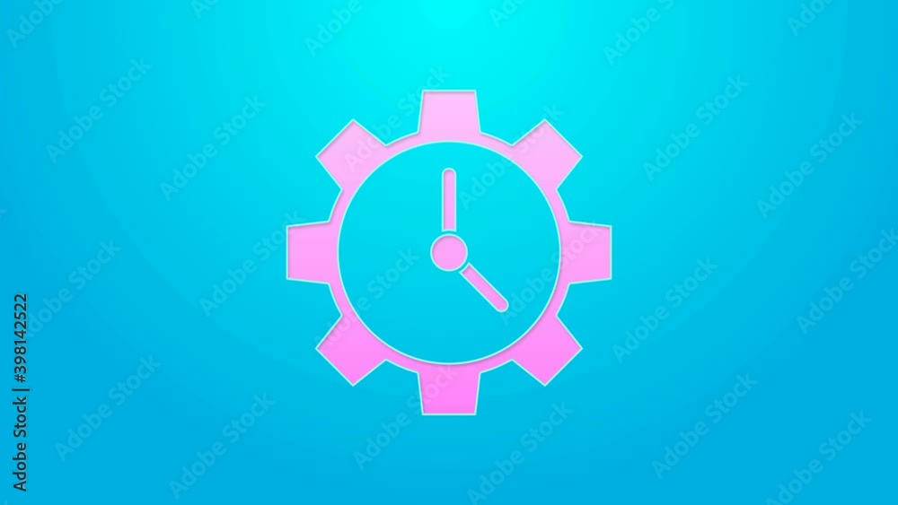 Pink line Time Management icon isolated on blue background. Clock and gear sign. Productivity symbol. 4K Video motion graphic animation Pink line Time Management icon isolated on blue background. Clock and gear sign. Productivity symbol. 4K Video motion graphic animation