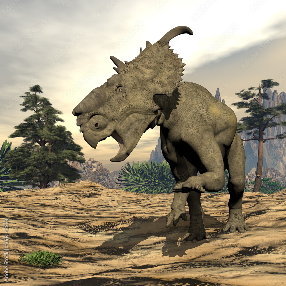 Fototapeta premium Pachyrhinosaurus dinosaur roaring in a prehistoric landscape - 3D render