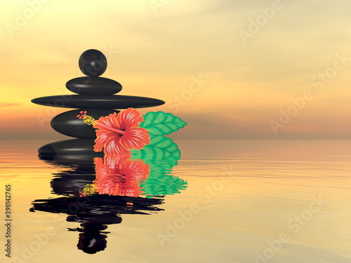 Peaceful stones and flower over water by sunset - 3D render
