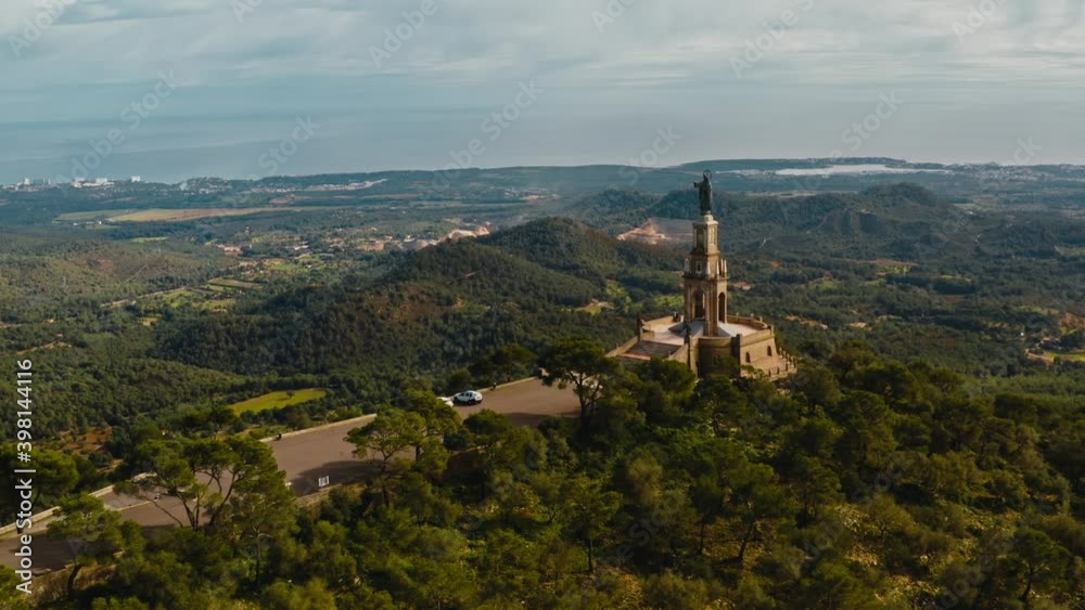Aerial Drone Shot Mount Puig de Sant Salvador, Felanitx, Majorca. Religius Sanctuary, Statue Religious Monument Aerial Drone Shot Mount Puig de Sant Salvador, Felanitx, Majorca. Religius Sanctuary, Statue Religious Monument