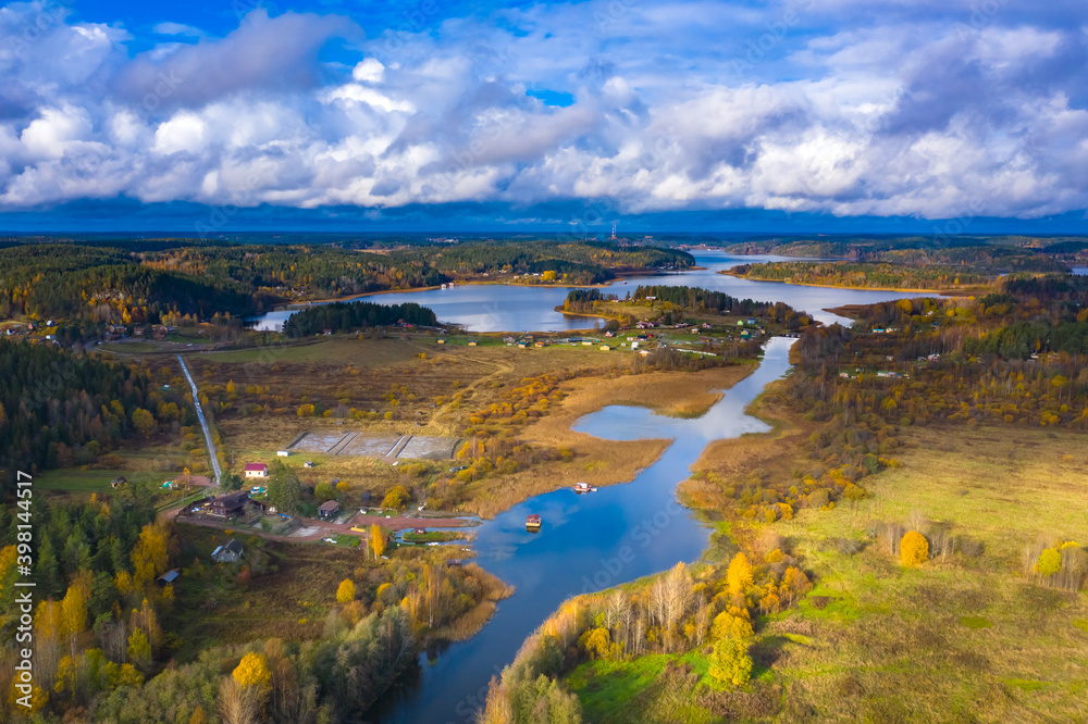 Karelia from a bird's eye view. Autumnal nature of Russia. Villages of Karelia view from a quadcopter. Northern nature of Karelia. Tourism in Russia. Regions of the Russian Federation.