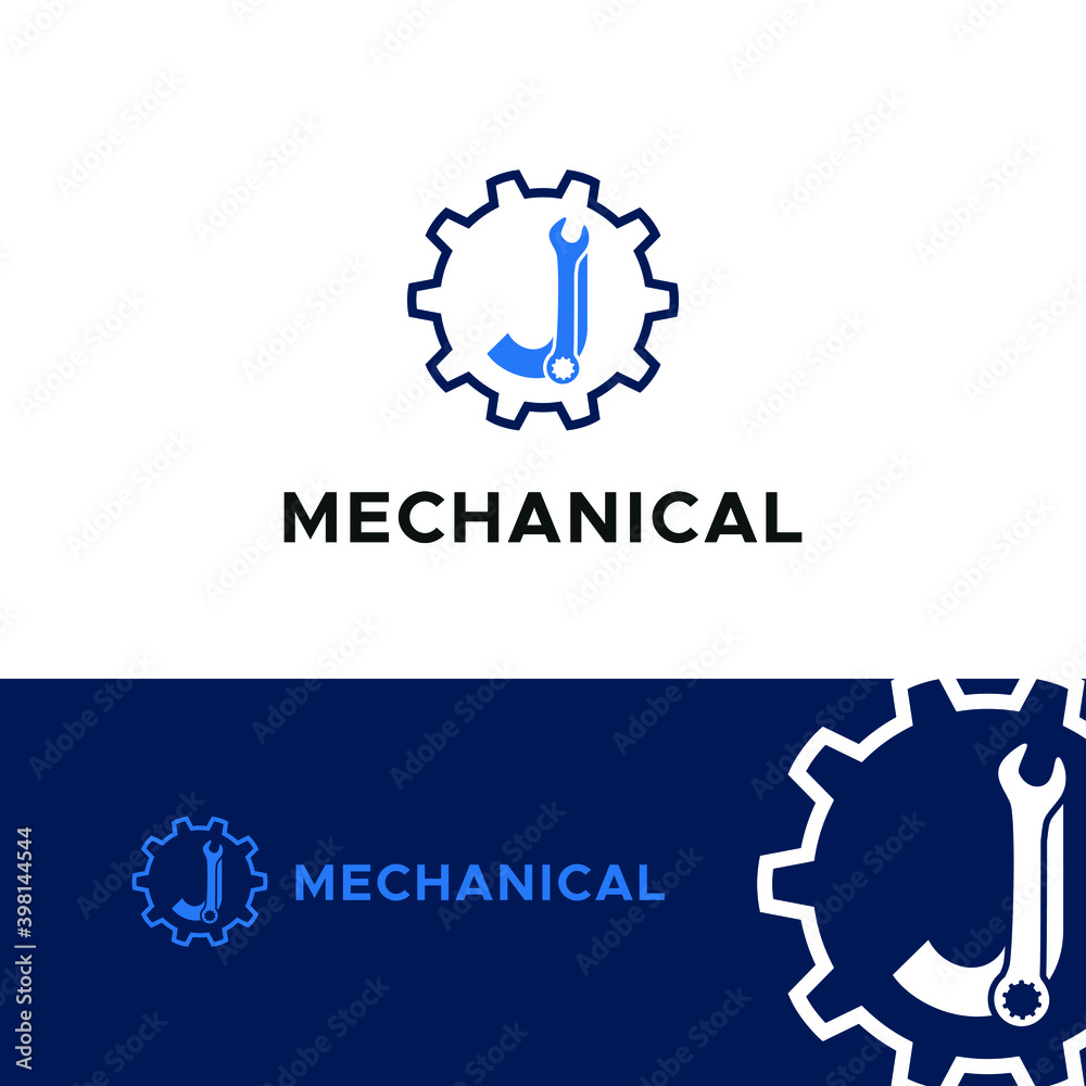 Initial logo with Letter J Wrench and Gear Icon vector for mechanic, setting, repair, and service company