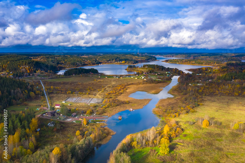Karelia from a bird s eye view. Autumnal nature of Russia. Villages of Karelia view from a quadcopter. Northern nature of Karelia. Tourism in Russia. Regions of the Russian Federation.