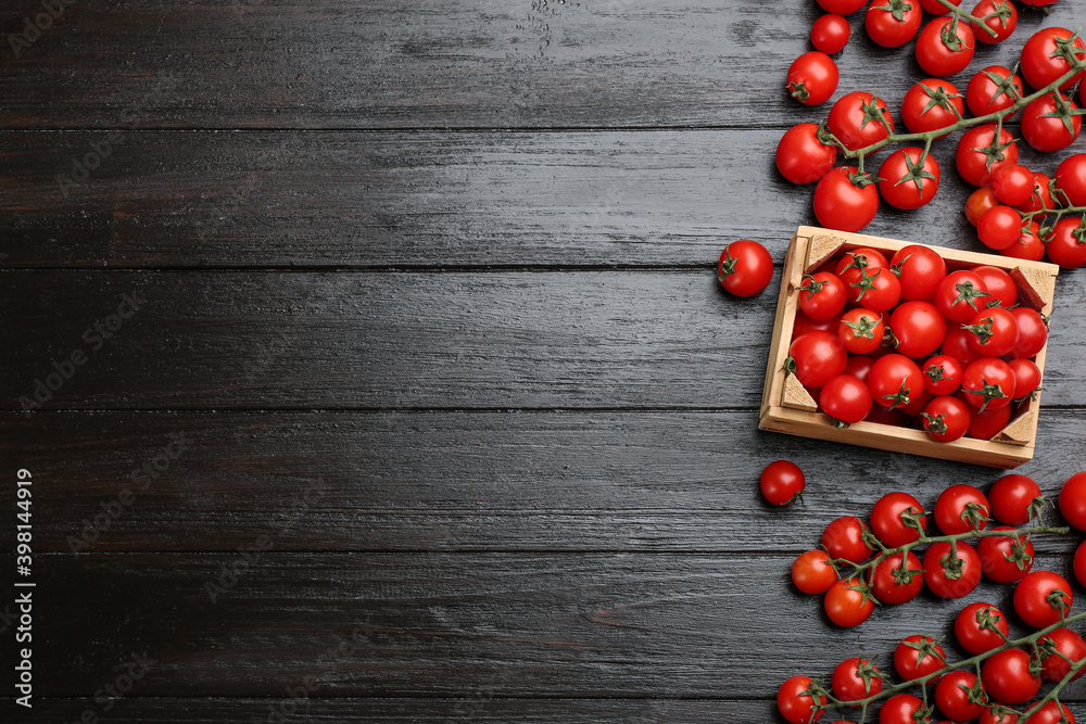 Fresh cherry tomatoes and crate on black wooden table, flat lay. Space for text