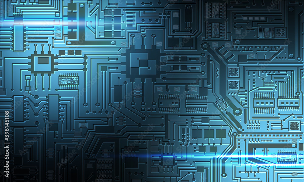Dark PCB background. Background with printed circuit board lines. Vircuit  board symbolizes electronics. Dark texture with PCB. PCB design on topic of  technology. Glare of light on computer board Stock Illustration