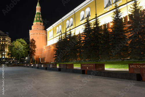 MOSCOW, RUSSIA - SEPTEMBER 10, 2020: View to the Kremlin from Alexander Garden (Aleksandrovsky Sad) photo