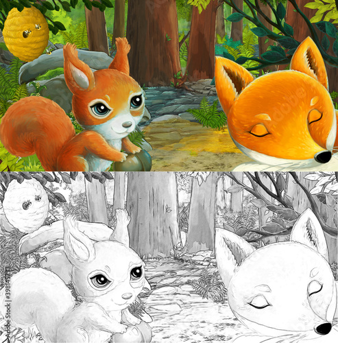cartoon scene with sketch with friendly animal in the forest - illustration