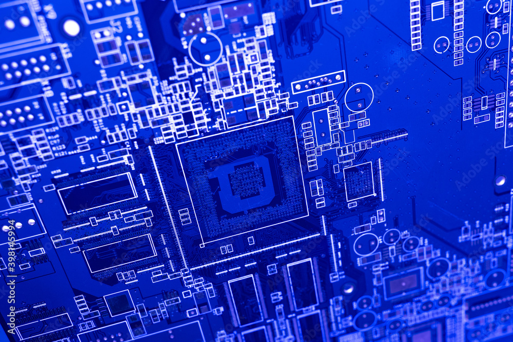 PCB background. PCB in blue neon light. Microchip close-up. PCB background with white lines. Texture from a printed circuit board. Blue pattern with circuit board. Microelectronics.