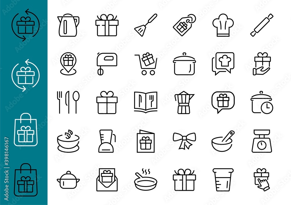 Fototapeta premium Set of icons for cooking and kitchen, vector lines, contains icons such as a knife, saucepan, boiling time, mixer, scales, recipe book. Editable stroke, perfect 480x480 pixels, white background
