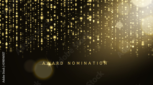 Award nomination ceremony luxury background with golden glitter sparkles and bokeh. Vector presentation shiny poster. Film or music festival poster design template. photo