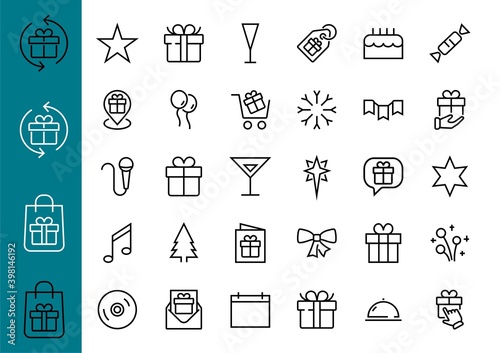 Simple set of celebration icons related to vector line. Contains icons such as music, new year, stars, balls, cake, karaoke, dj and much more. Editable stroke. 480x480